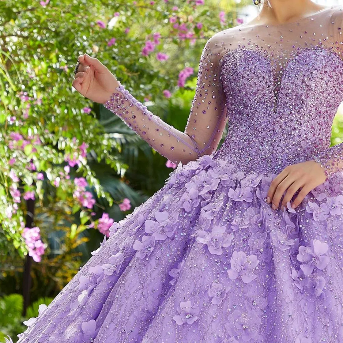 2024 Sexy Quinceanera Dresses Lilac Long Sleeves Jewel Neck 3D Floral Flowers Crystal Beads Tulle Sweet 16 Party Dress Vestidos De 15 Prom Party Gowns Floor Length
