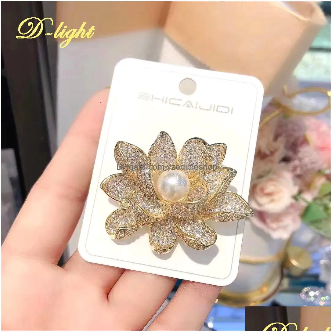 pendant elegant lady luxury zircon pearl three dimensional lotus brooch temperament suit dress accessories daily wear party corsage