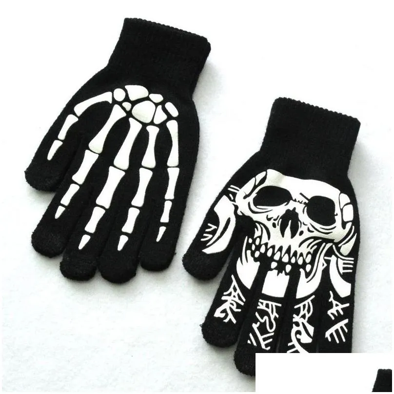 warm knitting gloves for adult solid acrylic half finger human skeleton head gripper print cycling non-slip wrist gloves rre14492