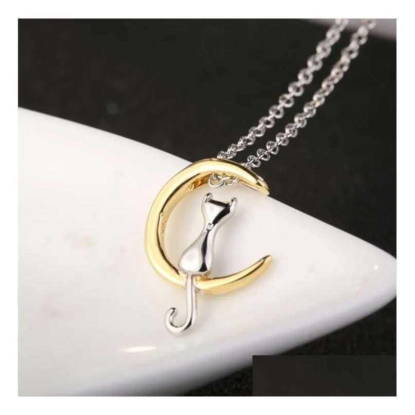 cute cat moon pendant necklaces charm silver gold color link chain necklace for pet lucky jewelry for girl gift