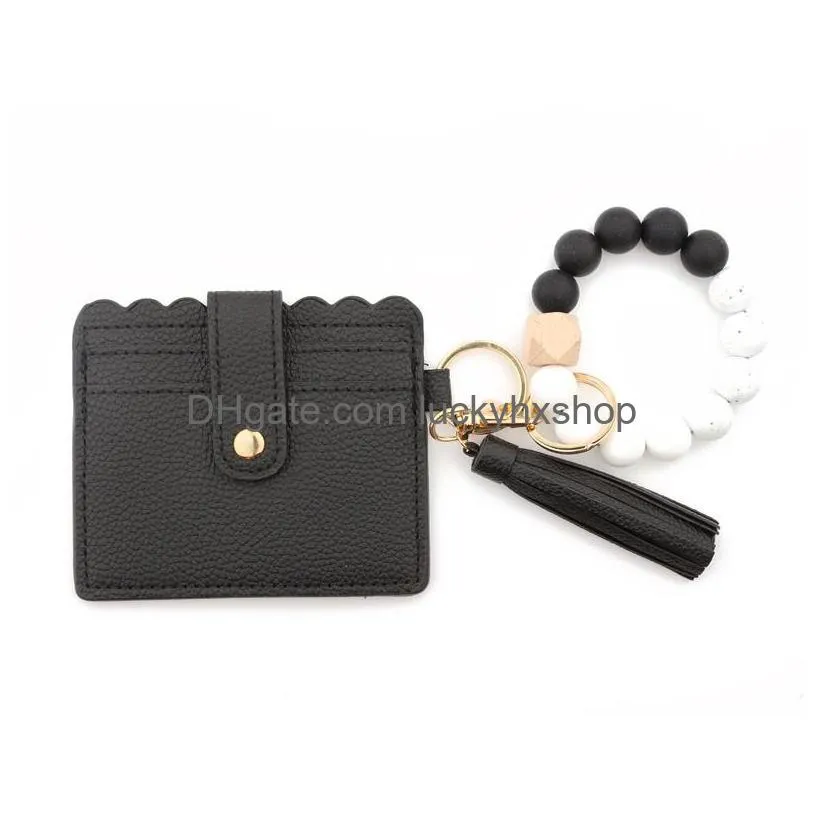 keychain bracelet wristlet silicone beaded key ring bracelet with card wallet elastic keyring bangle for women