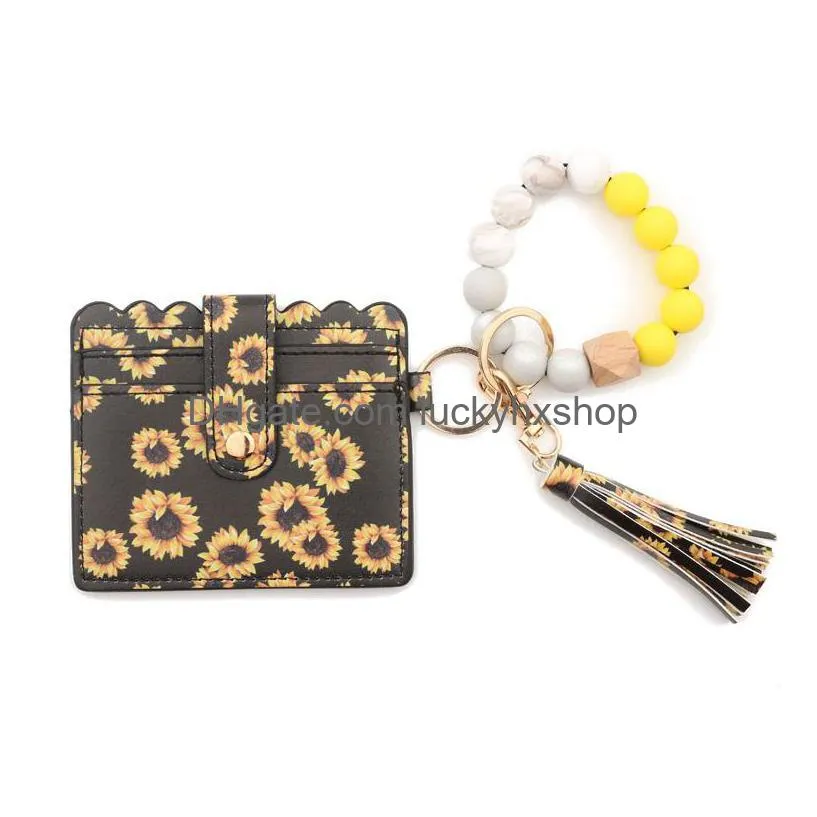 keychain bracelet wristlet silicone beaded key ring bracelet with card wallet elastic keyring bangle for women