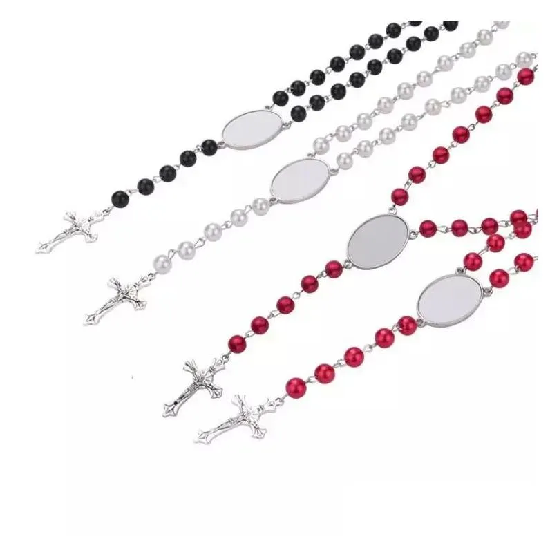 party favor 4 colors sublimation necklace heat transfer pendant rosary bead necklace cross jesus metal pendants rrb15906