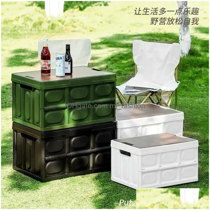 Camp Furniture Outdoor Cam Folding Tables With Wooden Lid Car Storage Box Food Organizer Container For Household Large Capacity Drop Dhluy