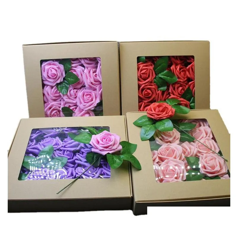 home wedding decorative artificial flowers 25pcs/box pe foam rose flowers head with leaves diy bride bouquet simulation flower for valentines day