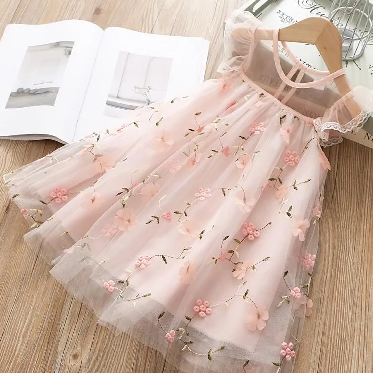 Girl`s Dresses Girls Dress Lace Embroidered Little Flower For Summer Birthday Present Party Costume Toddler Kids Clothing