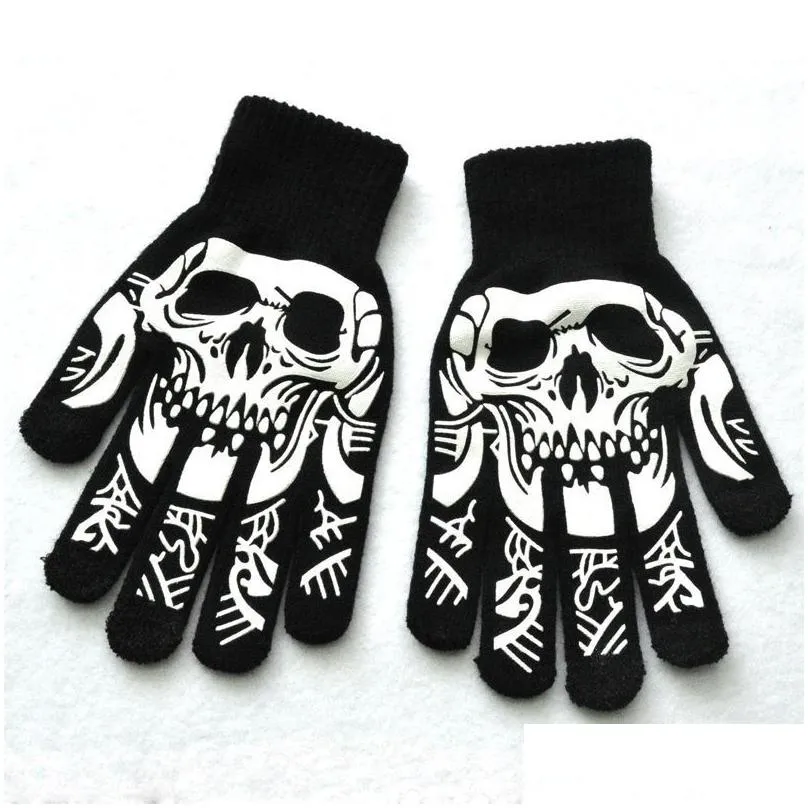 warm knitting gloves for adult solid acrylic half finger human skeleton head gripper print cycling non-slip wrist gloves rre14492