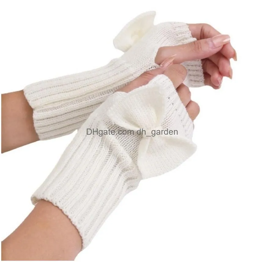 Fingerless Gloves Winter Bow Knot Gloves Cuff Knitted Warm Half Fingerless Women Stretch Mittens Drop Delivery Fashion Acces Dhgarden Dhycw