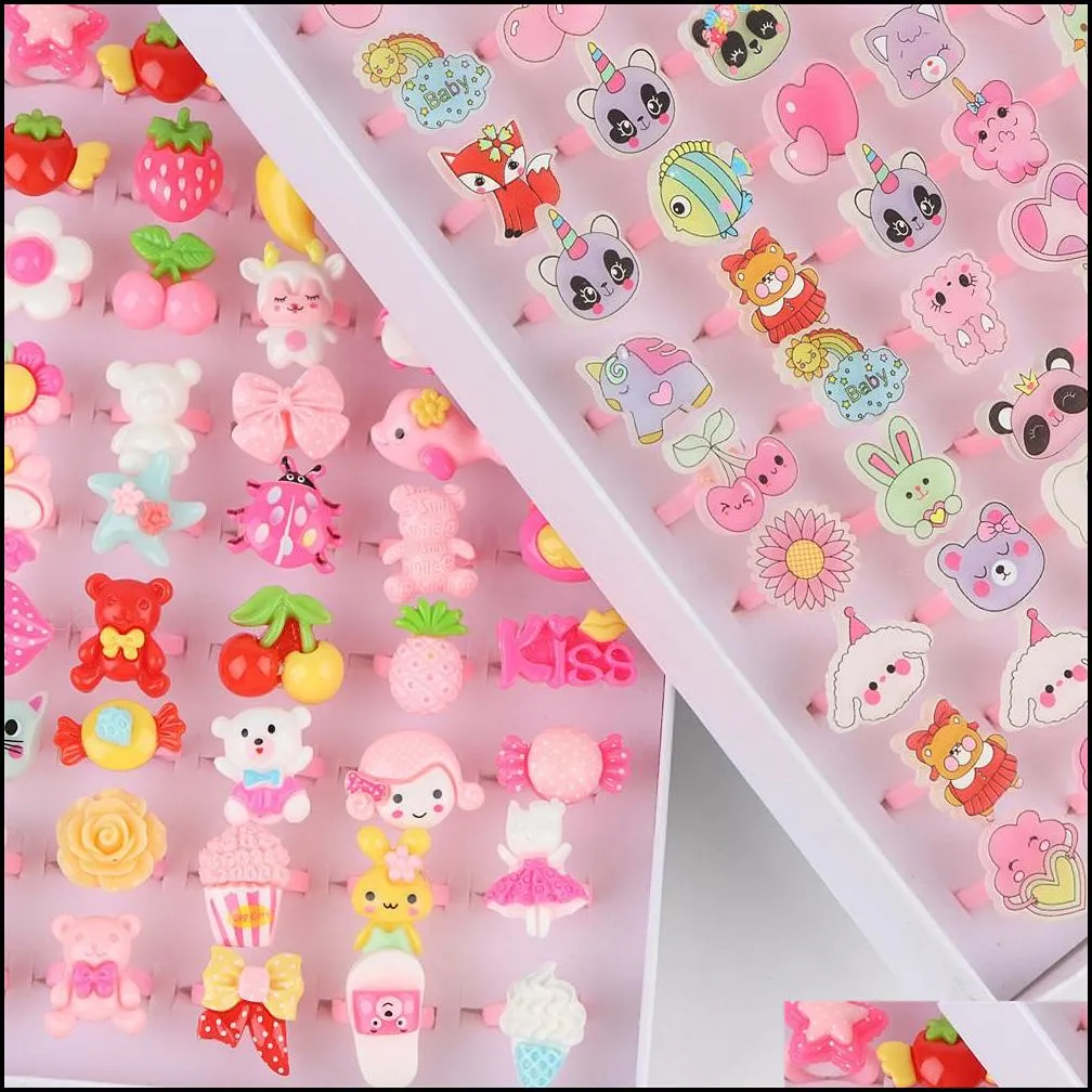 100pcs/lot cartoon resin opening rings for children fashion cute lovely rings jewellery birthday party gifts