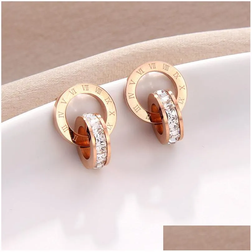 Stud Crystal Diamond Stud Earrings Rose Gold Fashion Titanium Steel Double Wound Roman Numerals Studs Earring For Women Gift Jewelry Dhl56