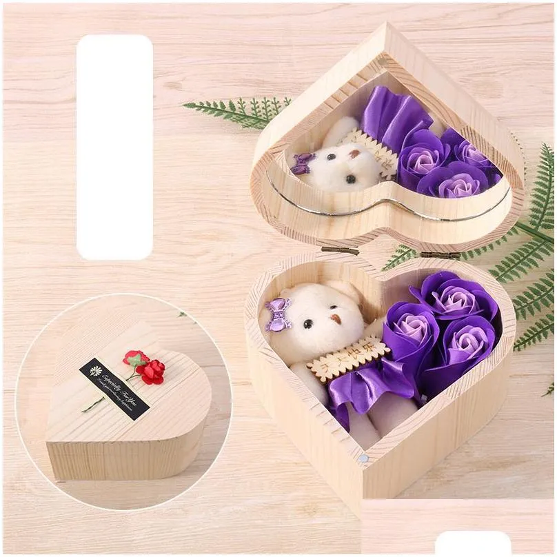 heart shape wooden box rose flower colorful bouquet hand made rose flower soaps with mirror box for valentine day gift gga3062