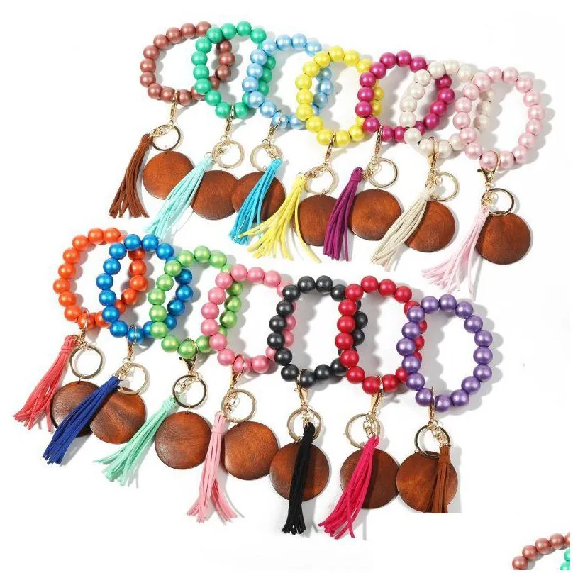 14 styles party wooden beads keychain pearlescent color bracelet key ring women diy crafts gift with alloy ring rrf13453