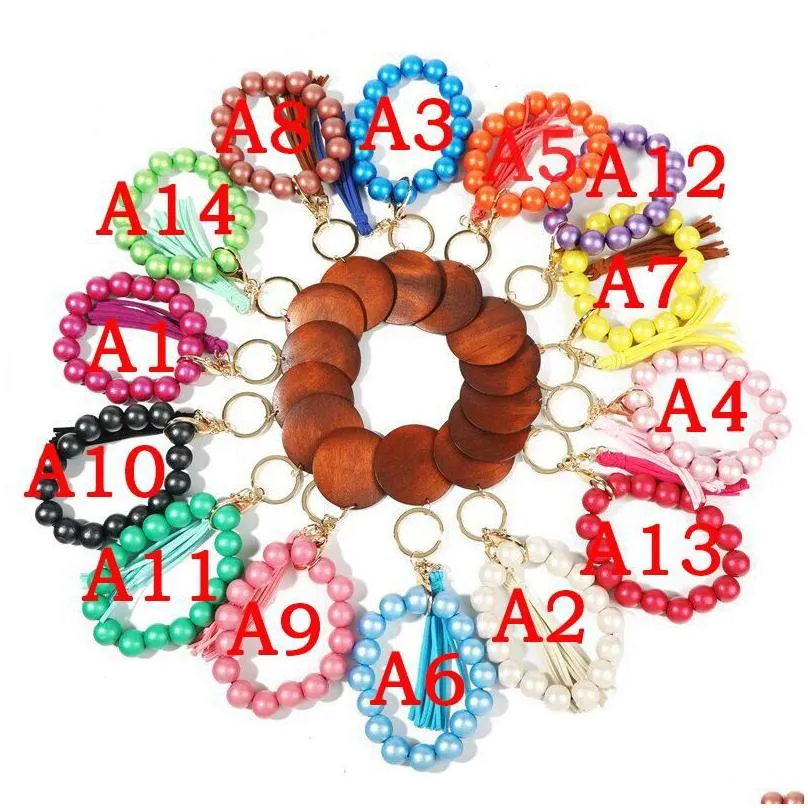 14 styles party wooden beads keychain pearlescent color bracelet key ring women diy crafts gift with alloy ring rrf13453