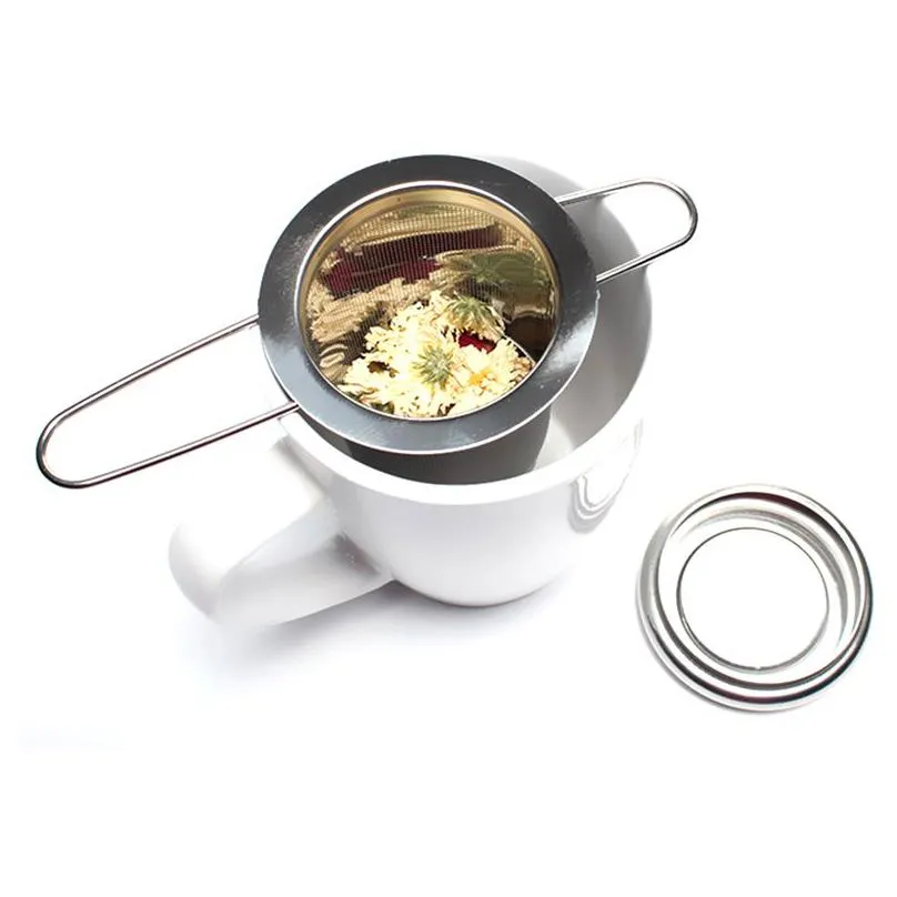 teapot tea strainer with cap stainless steel loose leaf tea infuser basket folding handle filter big with lid