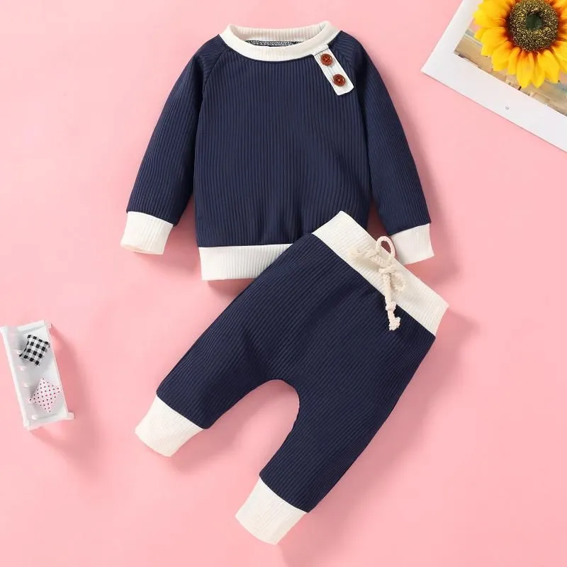 Clothing Sets Infant Born Baby Girl Boy Spring Autumn Ribbed Patchwork Clothes Long Sleeve Pullovers Elastic Pants 2pcs Outfits