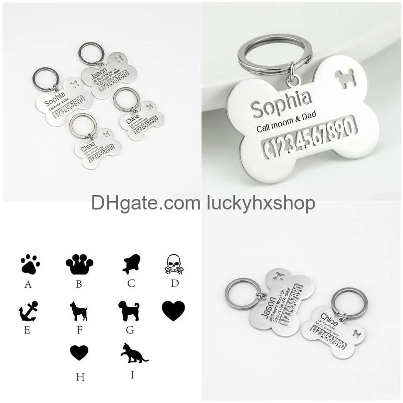 custom personalized name keychain stainless steel designed with bone contact phone number keychain pet pendant
