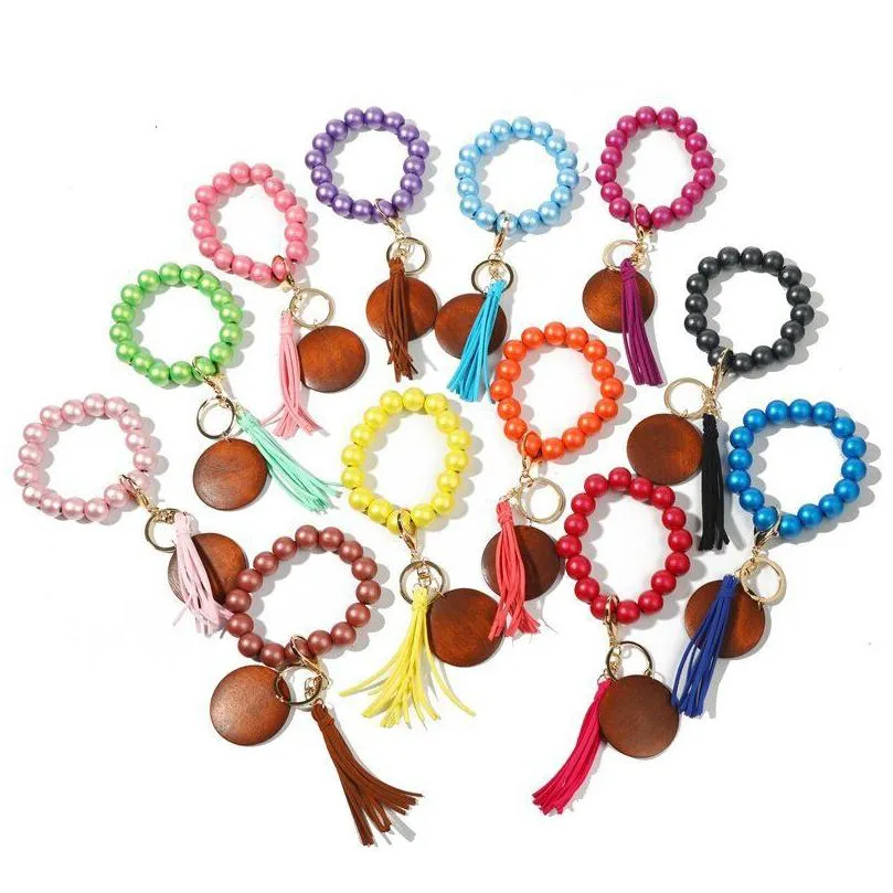 14 styles party wooden beads keychain pearlescent color bracelet key ring women diy crafts gift with alloy ring rrf13453