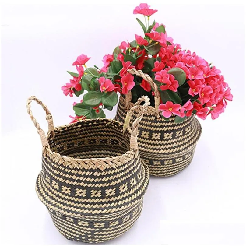 seagrass woven basket flower pot folding laundry storage belly type natural grass plant holder foldable home decor