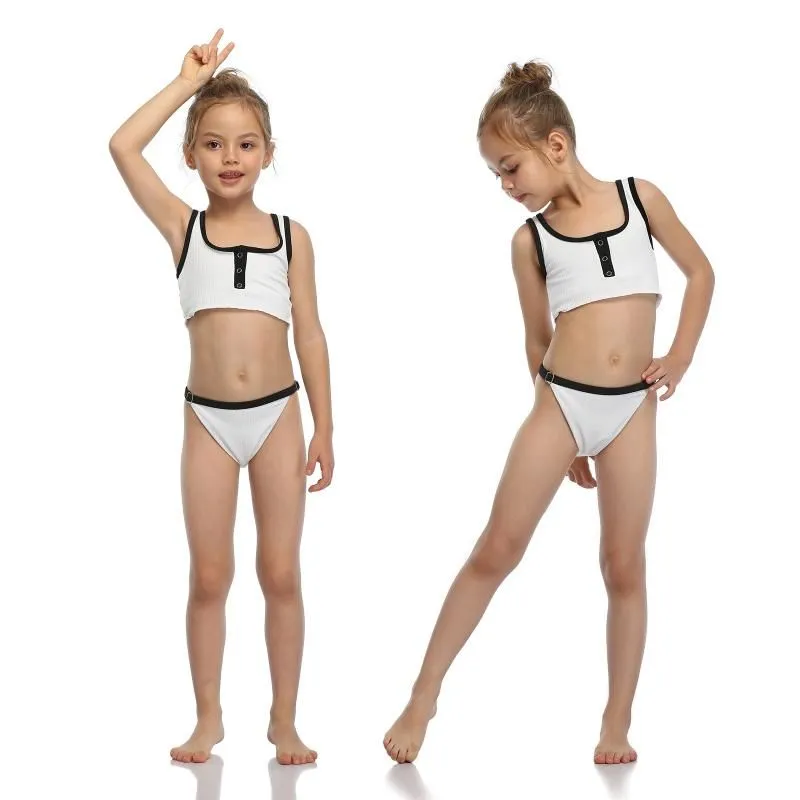 One-Pieces Girl 2021s Cute Two Piece Split Swimsuit  Solid Color Stitching Suspender Tops And Buckle Triangle Shorts