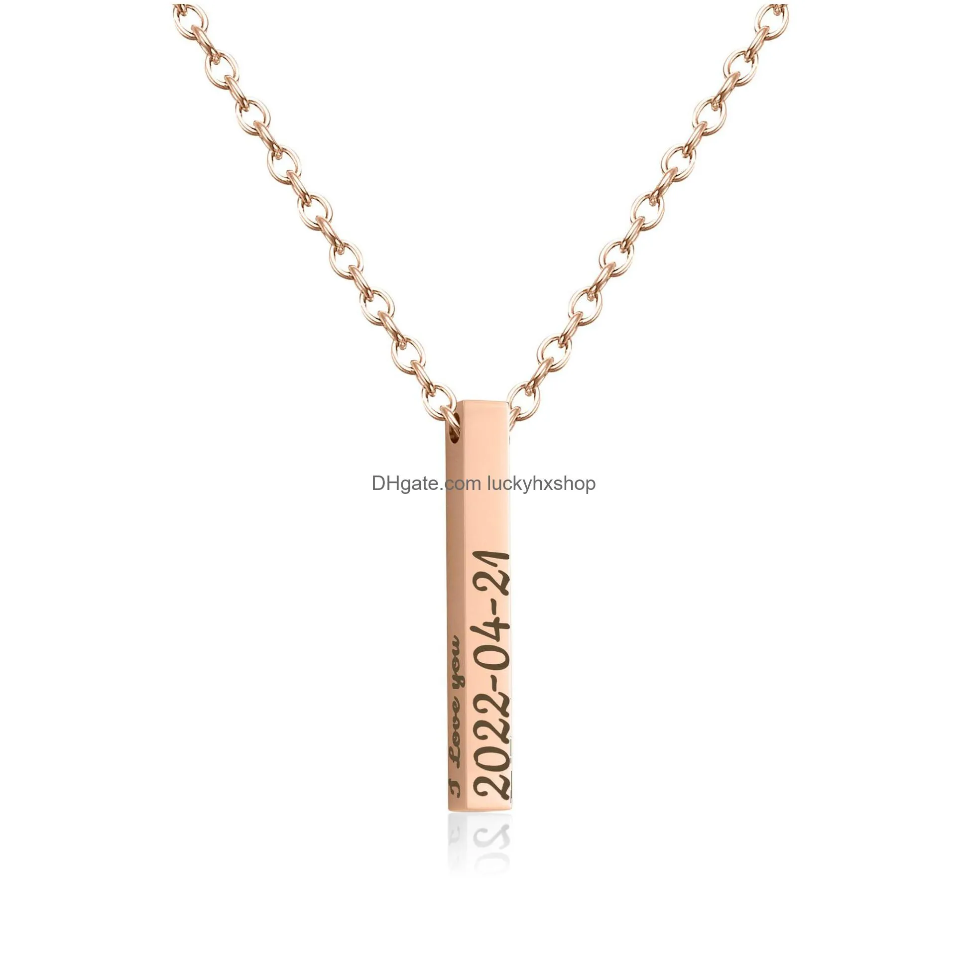 personalized square stainless steel necklace with names and date engraved on 4 sides cube necklace