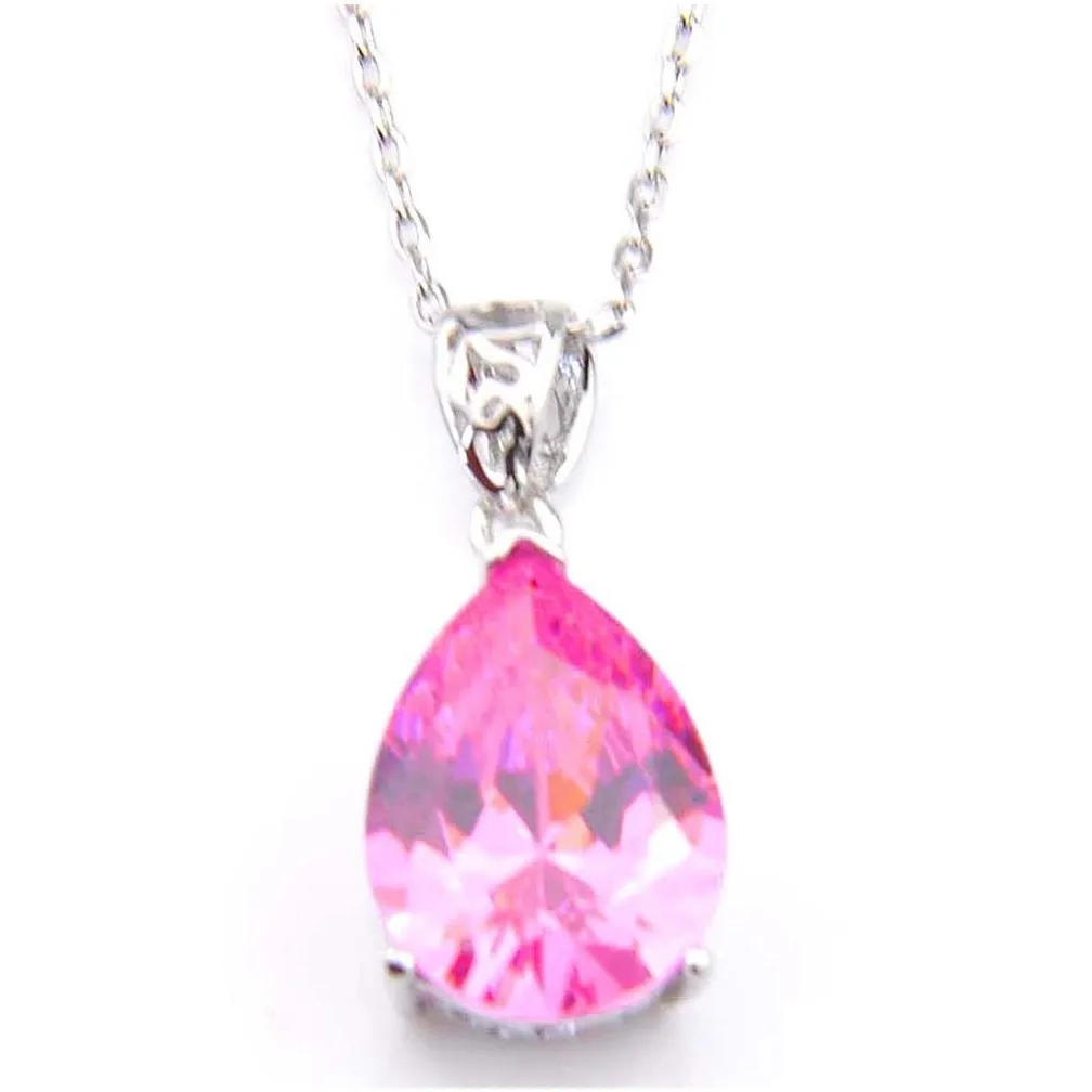 10pcs luckyshine excellent shine water drop pink kunzite cubic zirconia gemstone silver pendants necklaces for holiday wedding party