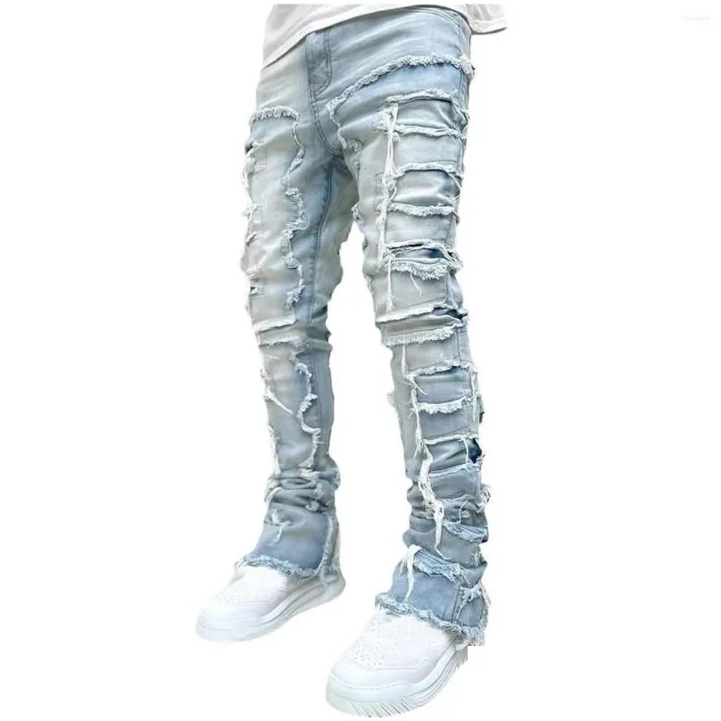 mens jeans regular fit stacked distressed destroyed straight denim pants streetwear clothes casual jean