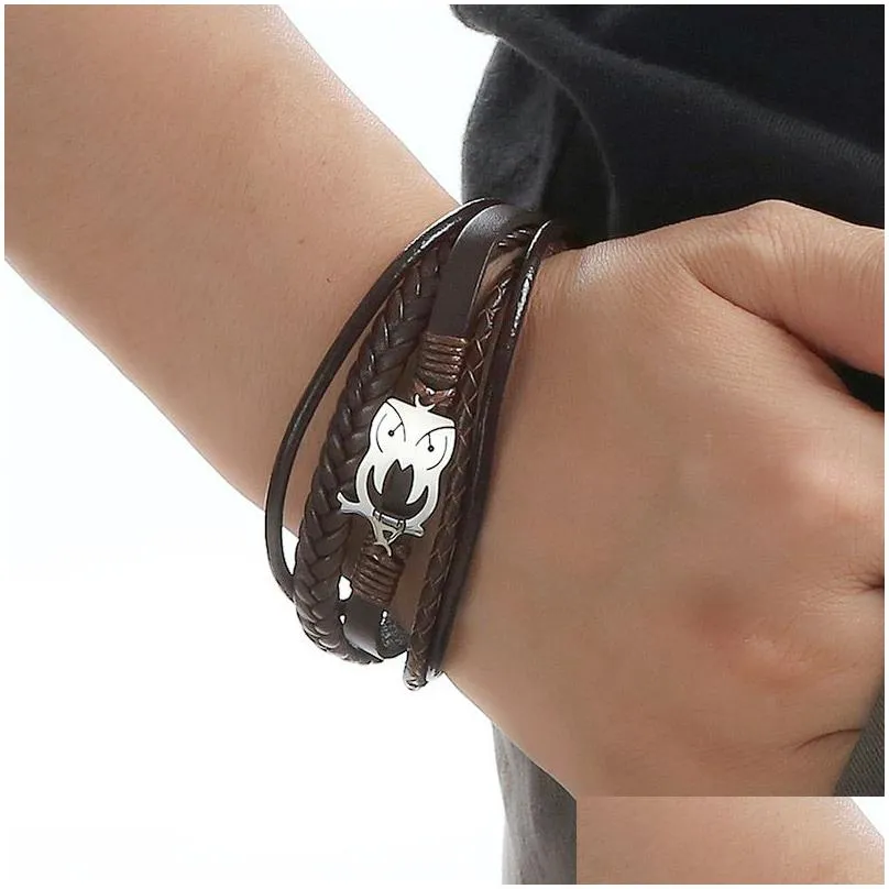 punk stainless steel owl charm bracelet mens titanium steel magnet buckle leather braided bracelet