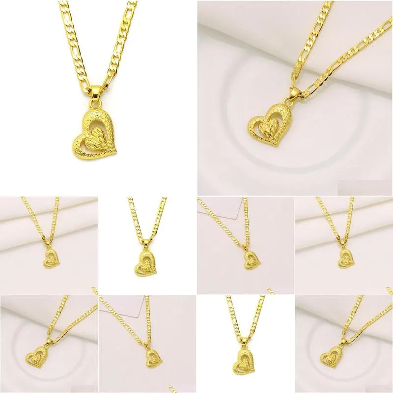 18k solid yellow gold gf  girl inside outside heart pendant italian figaro link chain necklace 24 3 mm
