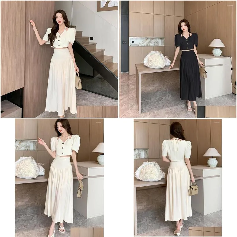 work dresses small fragrant french halter puff sleeve single breasted shirt high waist midi length skirt two piece set women outfit