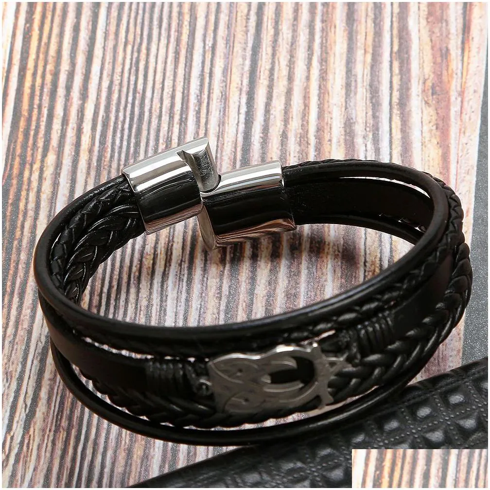 punk stainless steel owl charm bracelet mens titanium steel magnet buckle leather braided bracelet