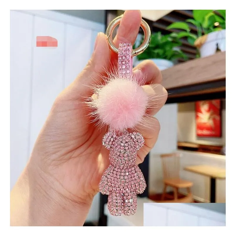 mink hair claw drill violent bear car key ring cute inlaid diamond bear doll bag pendant accessories gift gc94
