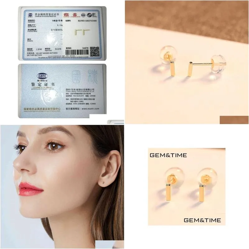 pag mag solid 14k gold 585 t bar stud earrings minimalism real gold earrings for women korean square pendientes fine jewelry 210325