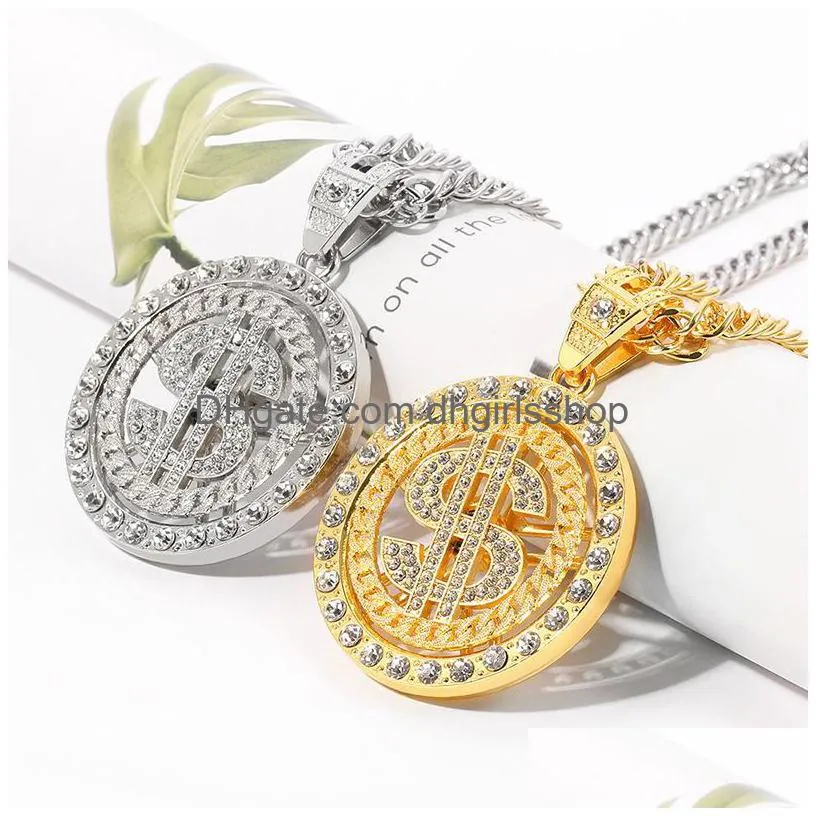 creative dollar pendant necklace diamond dollar rotatable metal necklacea hip hop party decoration fashion jewelry