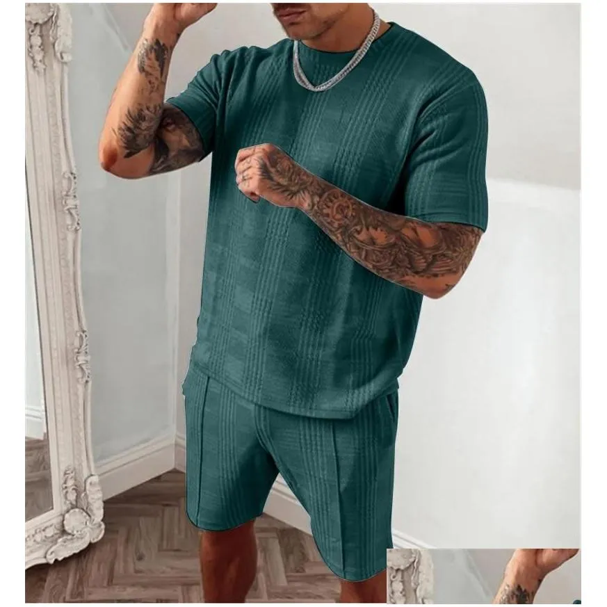 mens tracksuits 2022 summer tracksuit men casual sports set solid color plaid short sleeved shorts sets mens fashion 2 piece