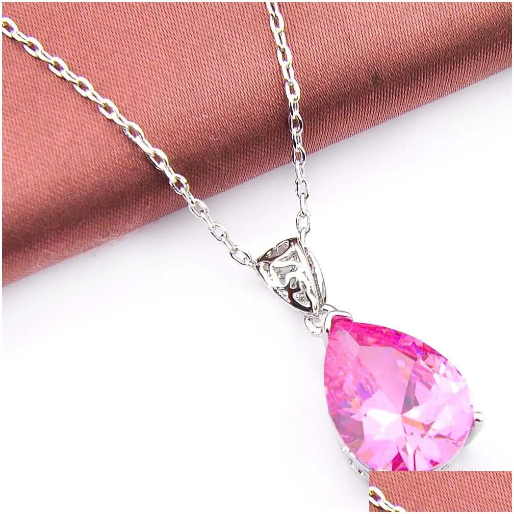 10pcs luckyshine excellent shine water drop pink kunzite cubic zirconia gemstone silver pendants necklaces for holiday wedding party