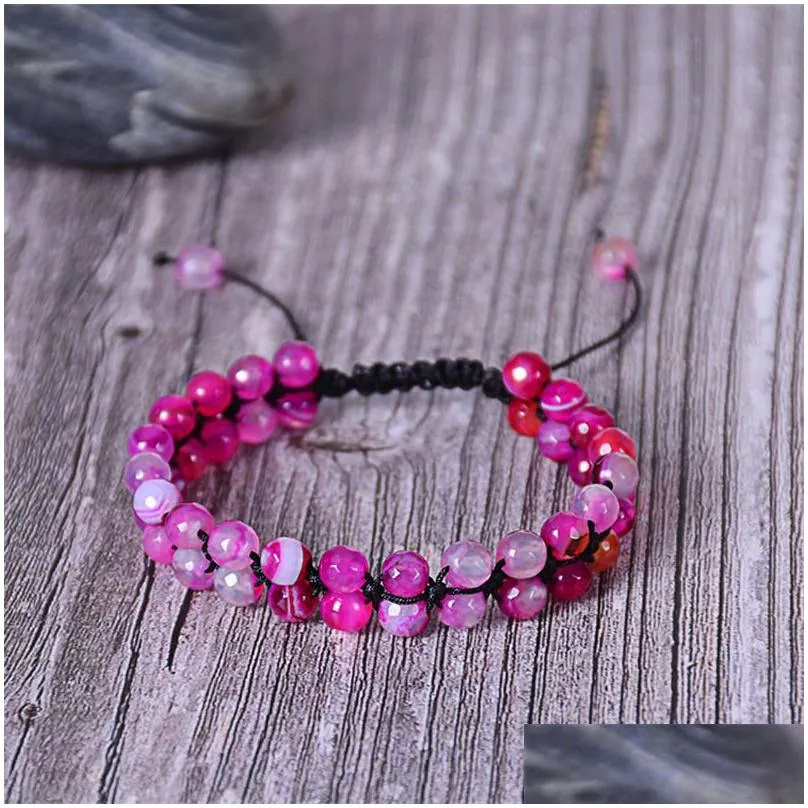 indian agate double layer stone bead bracelet hand woven 6mm 2 row gemstone adjustable bracelets