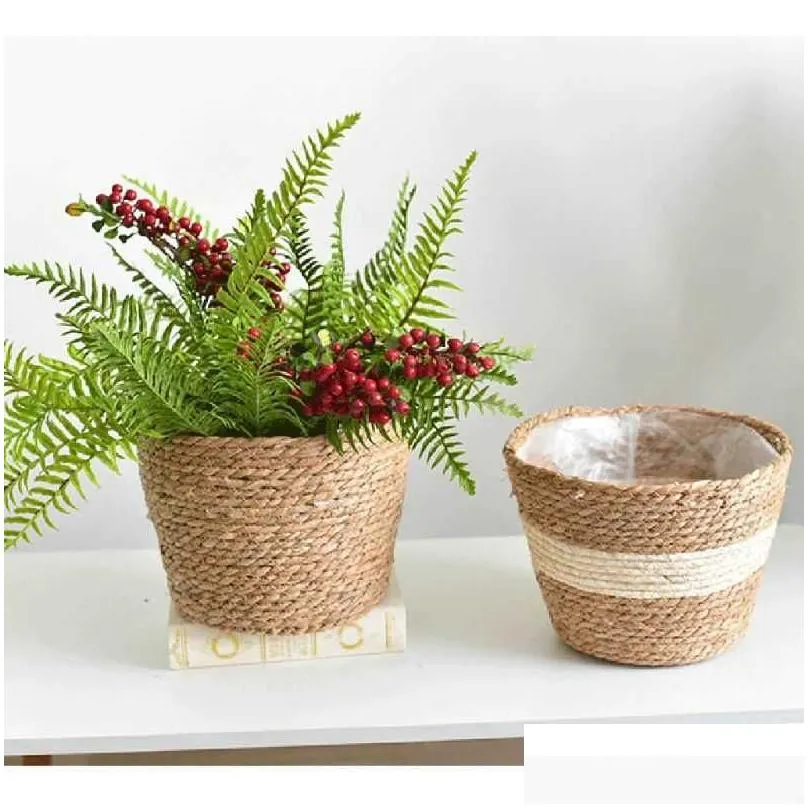 nordic handmade straw storage basket indoor outdoor flower pot plant container home living room bedroom decoration 210615