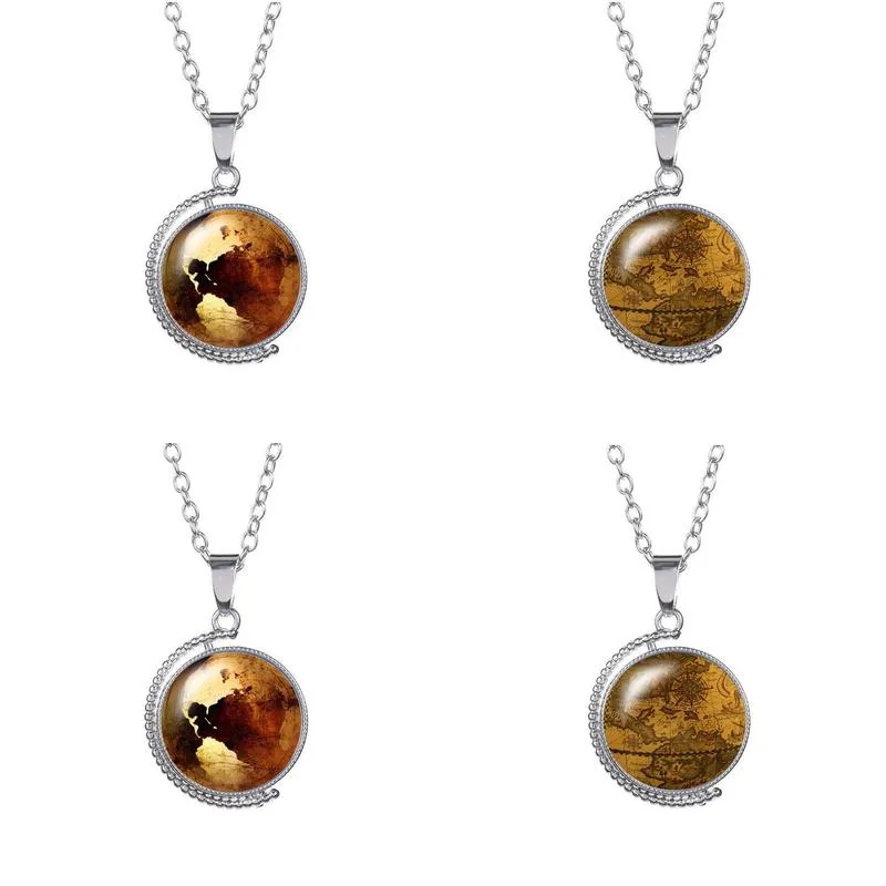 vintage world map time gem pendant necklace rotatable double side glass cabochon globe necklaces chains for women kids fashion jewelry will and
