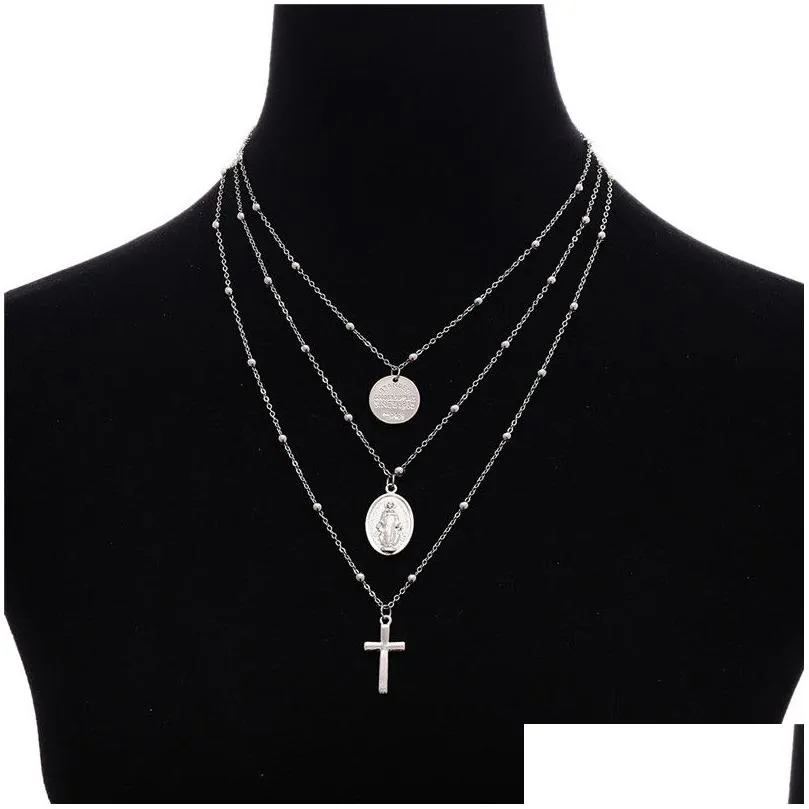 fashion silver gold beads sequins multilayer necklace metal cross pendant chokers necklaces for women jewelry will and sandy