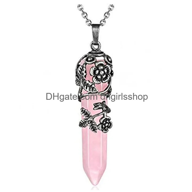 natural crystal stone necklace creative plum blossom crystal column pendant necklaces with chain jewelry accessories