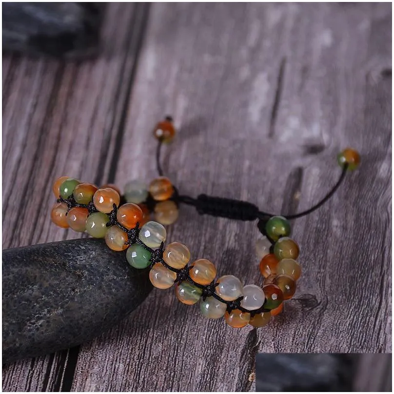 indian agate double layer stone bead bracelet hand woven 6mm 2 row gemstone adjustable bracelets