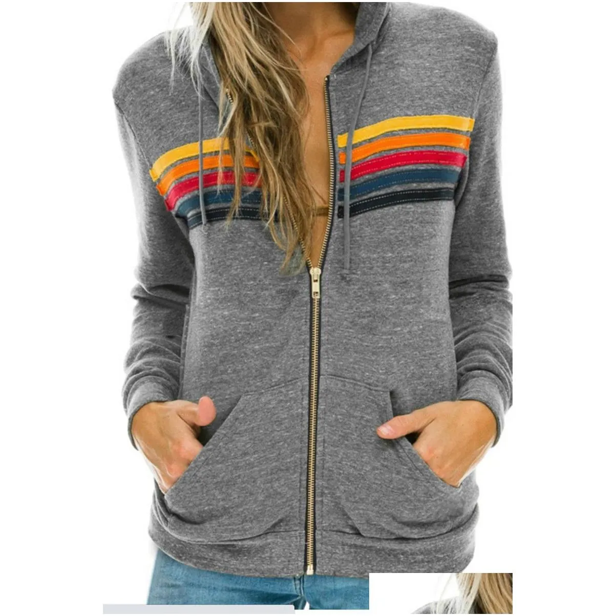 designers hoodie hooded sweatshirt womens hoodies sweatshirts women fashion hoody oversized rainbow stripe long sleeve sweatshirts zipper pocket coat