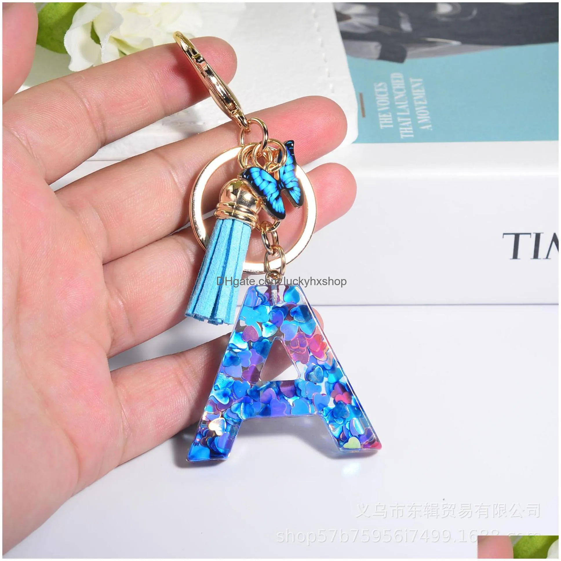 initialletter keychain resin blue love handmade crystal epoxy butterfly tassel keychain pendant for women girls