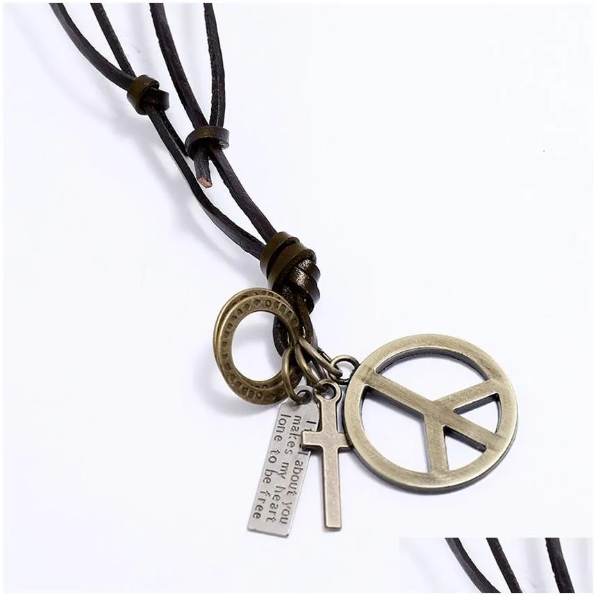 love world peace pendant necklace letter id ring cross charm adjustable chain leather necklaces for women men fashion jewelry gift