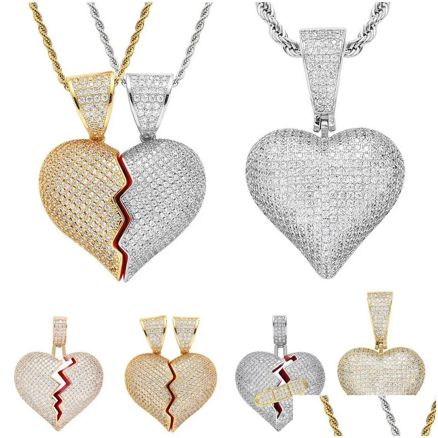 18k gold broken heart necklace hip hop copper cubic zircon jewelry set 60cm chains combination joint hearts pendant diamond iced out necklaces for women