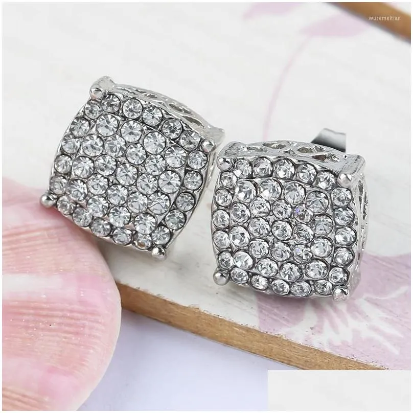 stud earrings gold color iced out square bling earring men hip hop luxury rhinestone geometry for women jewelry z3m130