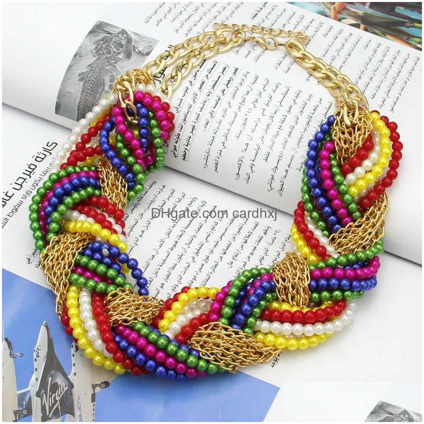 manilai multi layer simulated pearl statement chokers necklaces for women handmade woven chain multicolor beaded chunky