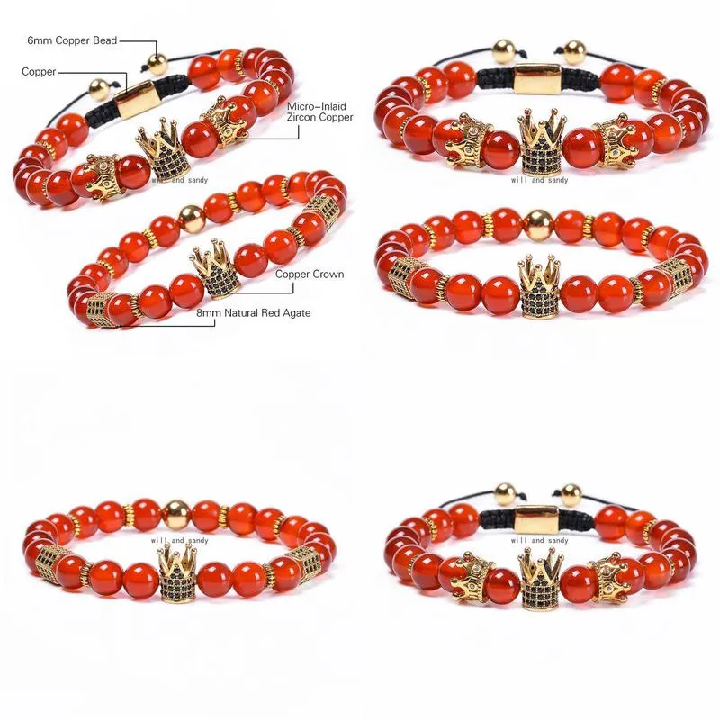 copper micro-inlaid zircon crown bracelets braided natural stone red agate bracelet bead adjustable strand bracelet for women men fashion jewelry will and