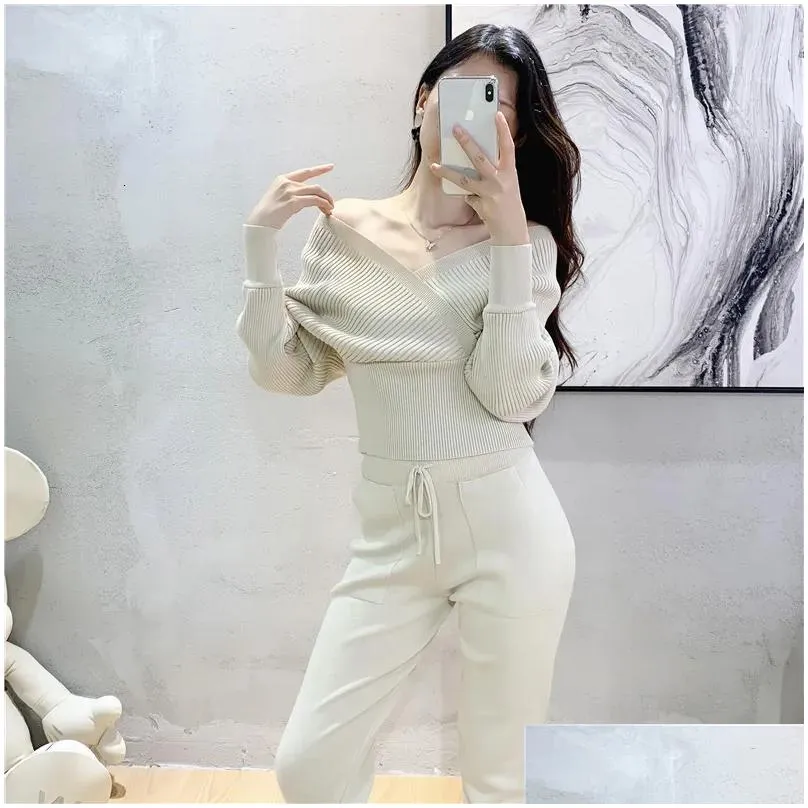 womens two piece pants elegant tracksuit sexy two piece set women korean style ribbed knitted backless top and long harem pant suit autumn outfits y2k