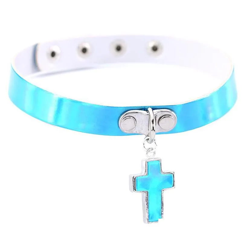 laser rainbow leather choker necklace collars with jesus cross pendant women fashion slave hip hop jewelry will and sandy drop ship